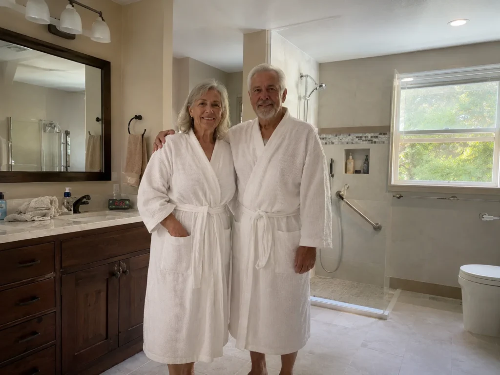 Couple in a bright, accessible bathroom designed for aging in place