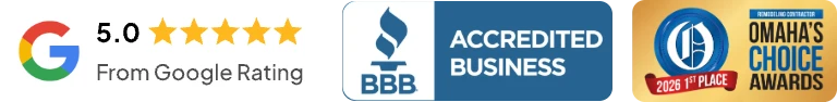 5.0 Google rating, BBB Accredited Business, and Omaha's Choice Awards 2026 first place